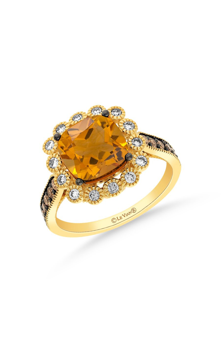 A yellow gold fashion ring with cushion cut citrine center stone accented with chocolate diamonds along the band