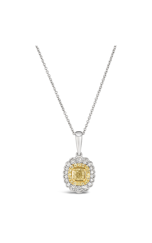 A white gold halo necklace with yellow gold center diamond