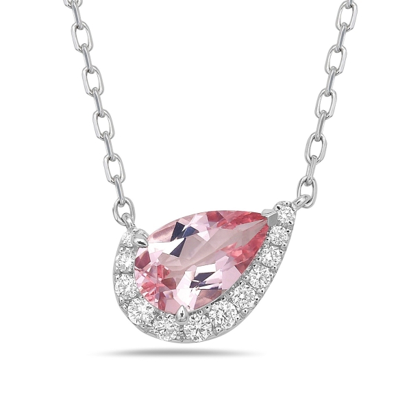 A pear-shaped pink gemstone pendant is surrounded by small white diamonds on a delicate silver chain