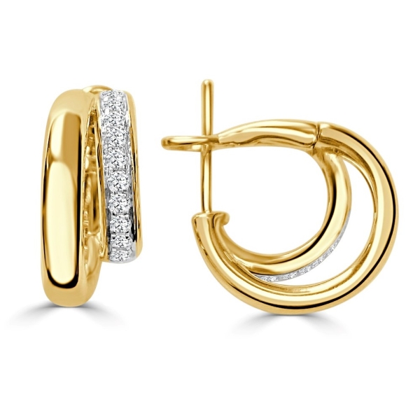 Gold hoop earrings feature a polished finish, set with a row of small sparkling diamonds.