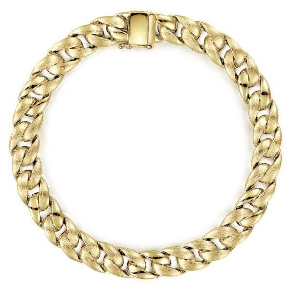 A yellow gold chain bracelet with thick, interlocking links arranged in a circular shape.