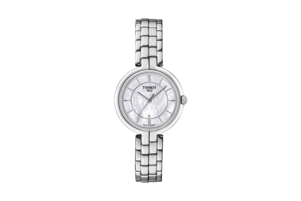 A stunning silver watch with a silver bezel and pearl dial.