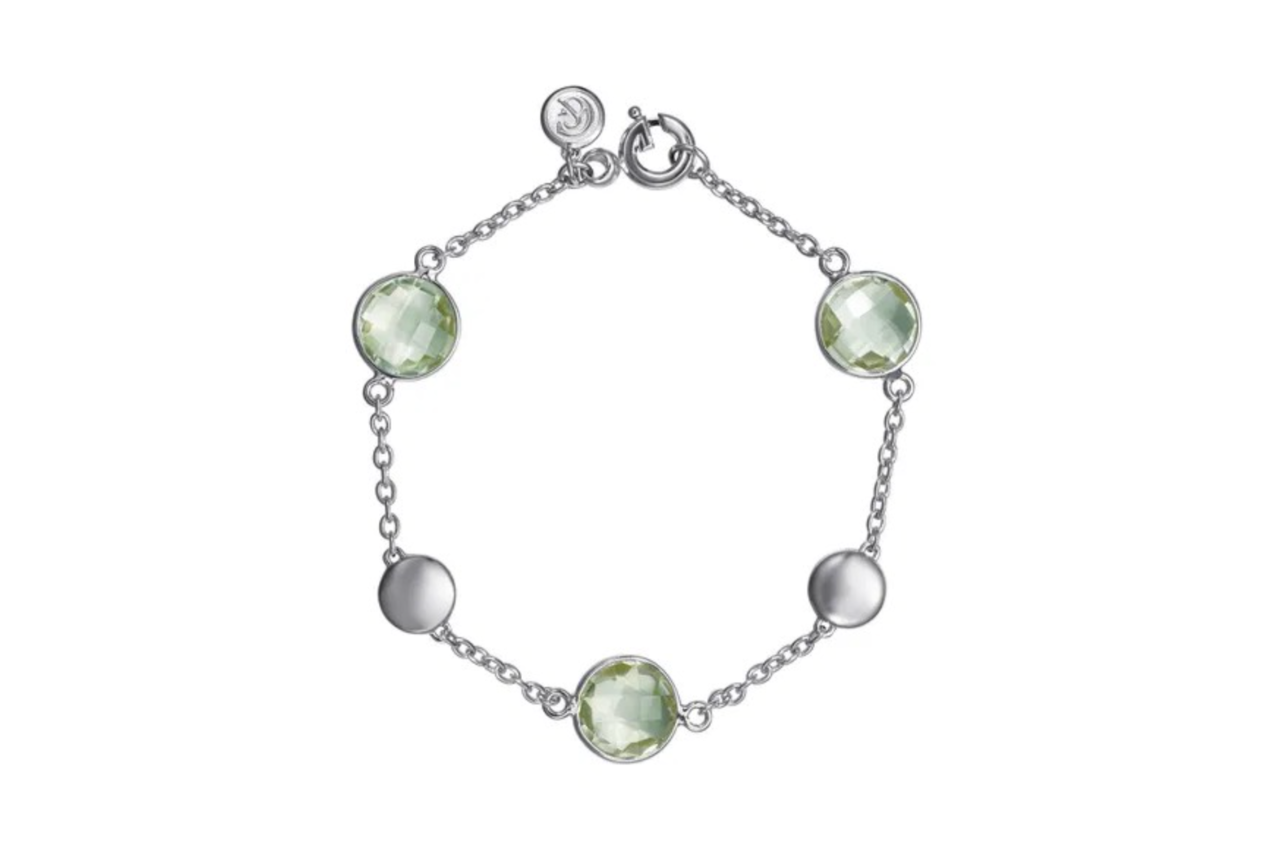 A green amethyst station chain bracelet with silver accents.