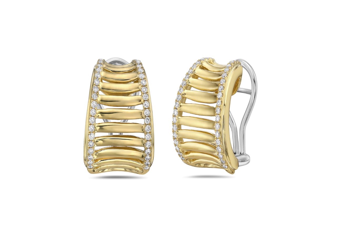 A pair of diamond birdcage hoop earrings in yellow gold and white gold.