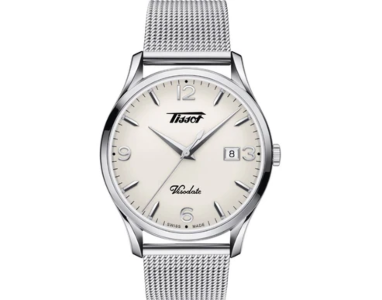 A stainless steel Tissot watch, available at Goldsmith Gallery Jewelers.