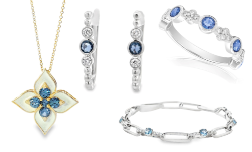A selection of fine jewelry featuring Yogo sapphires— one necklace, a pair of earrings, a bracelet, and a wedding band— all available at Goldsmith Gallery Jewelers.